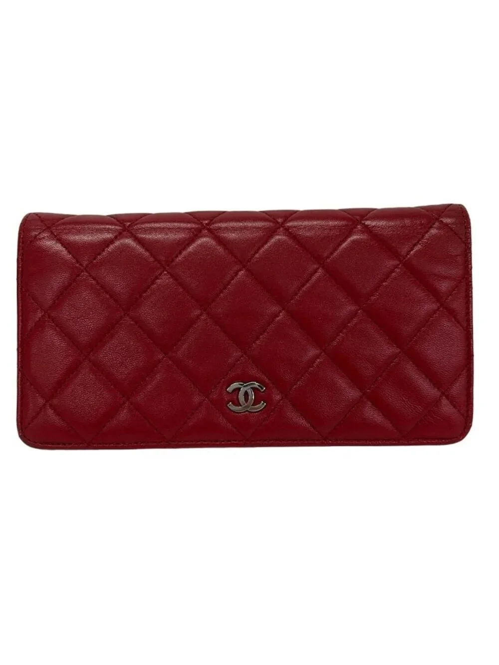 Chanel Wallet Quilted Red Silver Bifold Lambskin